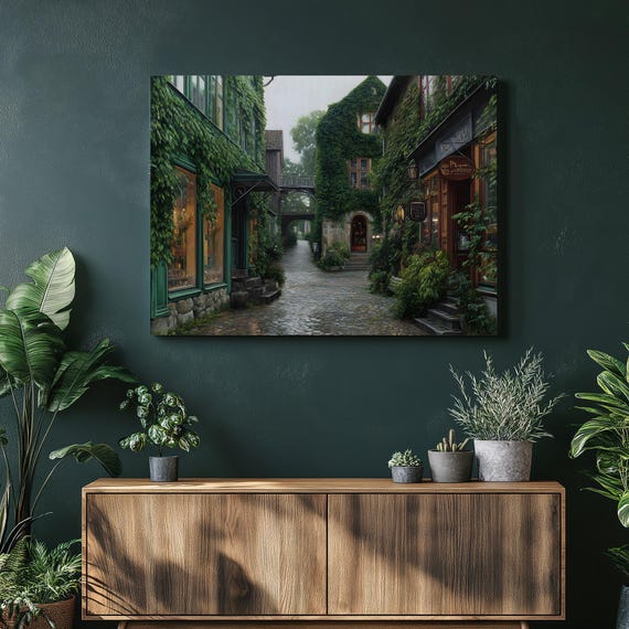 Idyllic Ivy Village Canvas Wall Art Rustic European Street Print Scenic Cobblestone Alleyway Decor Green House Scene