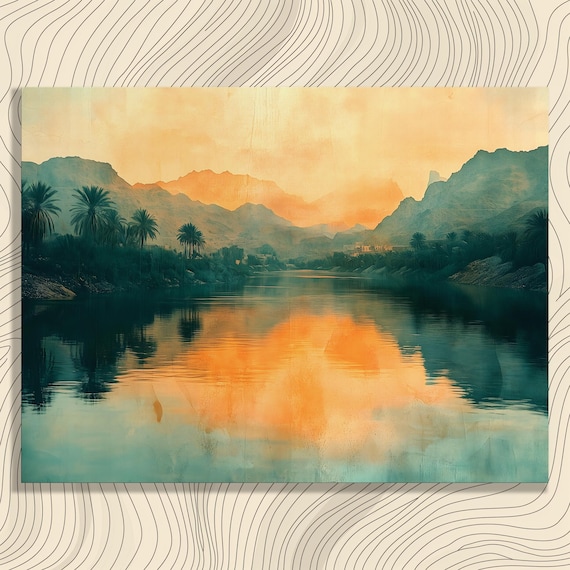 Sunset River Tropical Palms Mountain Reflection Peaceful Nature Poster