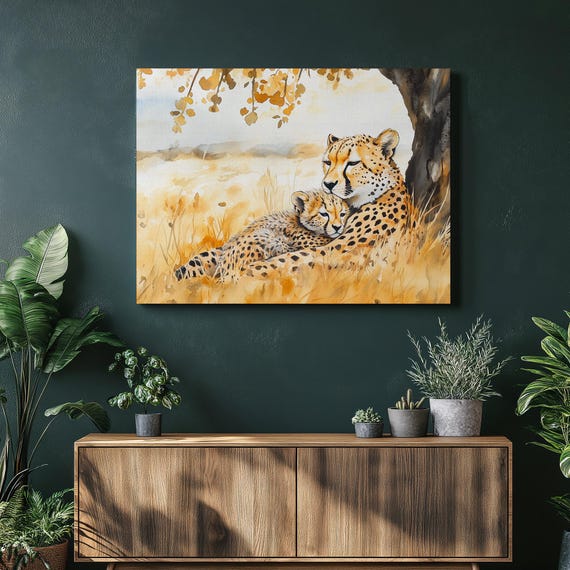 Cheetah Canvas Wall Art Mother And Cub In Golden Grasslands Nature Decor For Wildlife Lovers Print Home Or Office Bedroom