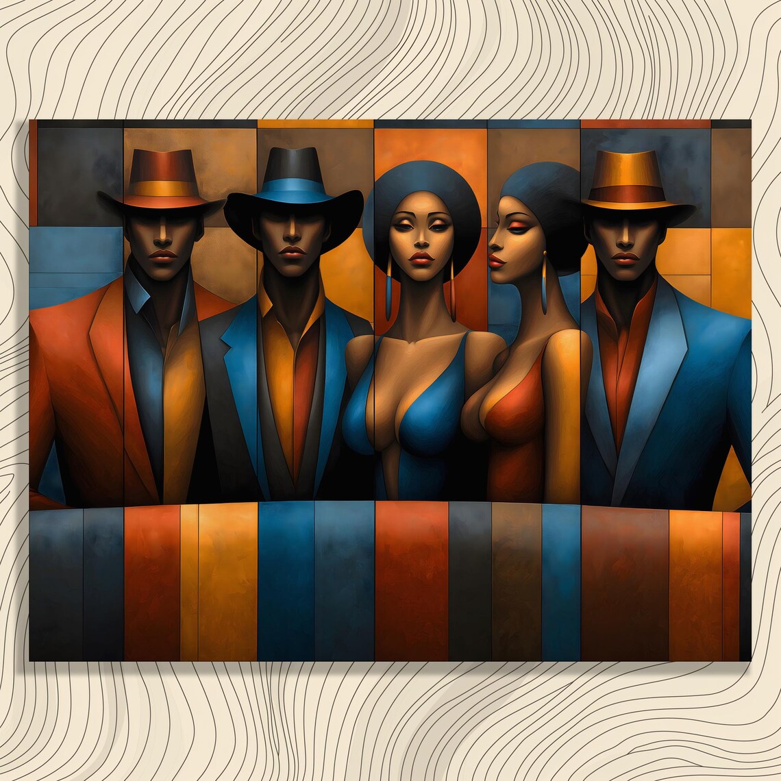 Modern Geometric Fashion Portraits Stylish Hats Abstract Art Poster