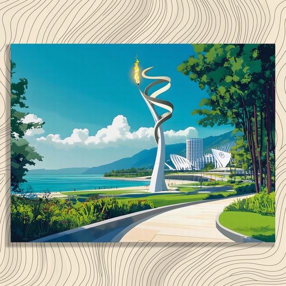 Vibrant Coastal Sculpture Canvas Wall Art Modern Landscape Painting Print Decor Gift For Enthusiasts Futuristic Architecture