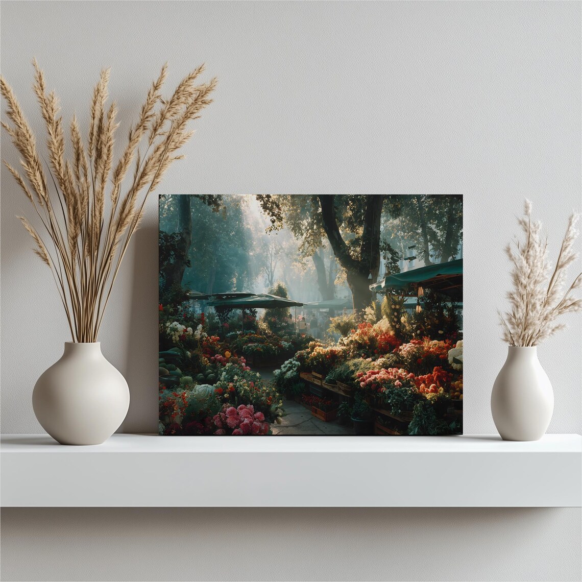 Sunlit Outdoor Flower Market Stalls Beneath Trees Floral Art Poster