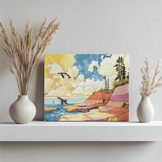 Humpback Whale Cliffs Canvas Wall Art Colorful Ocean Landscape With Rocky Shoreline Tide Pools Sky Clouds And Pine Rimmed Bluffs