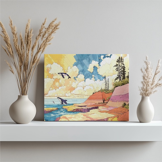 Humpback Whales Breaching Colorful Ocean Cliffs Coastal Art Poster