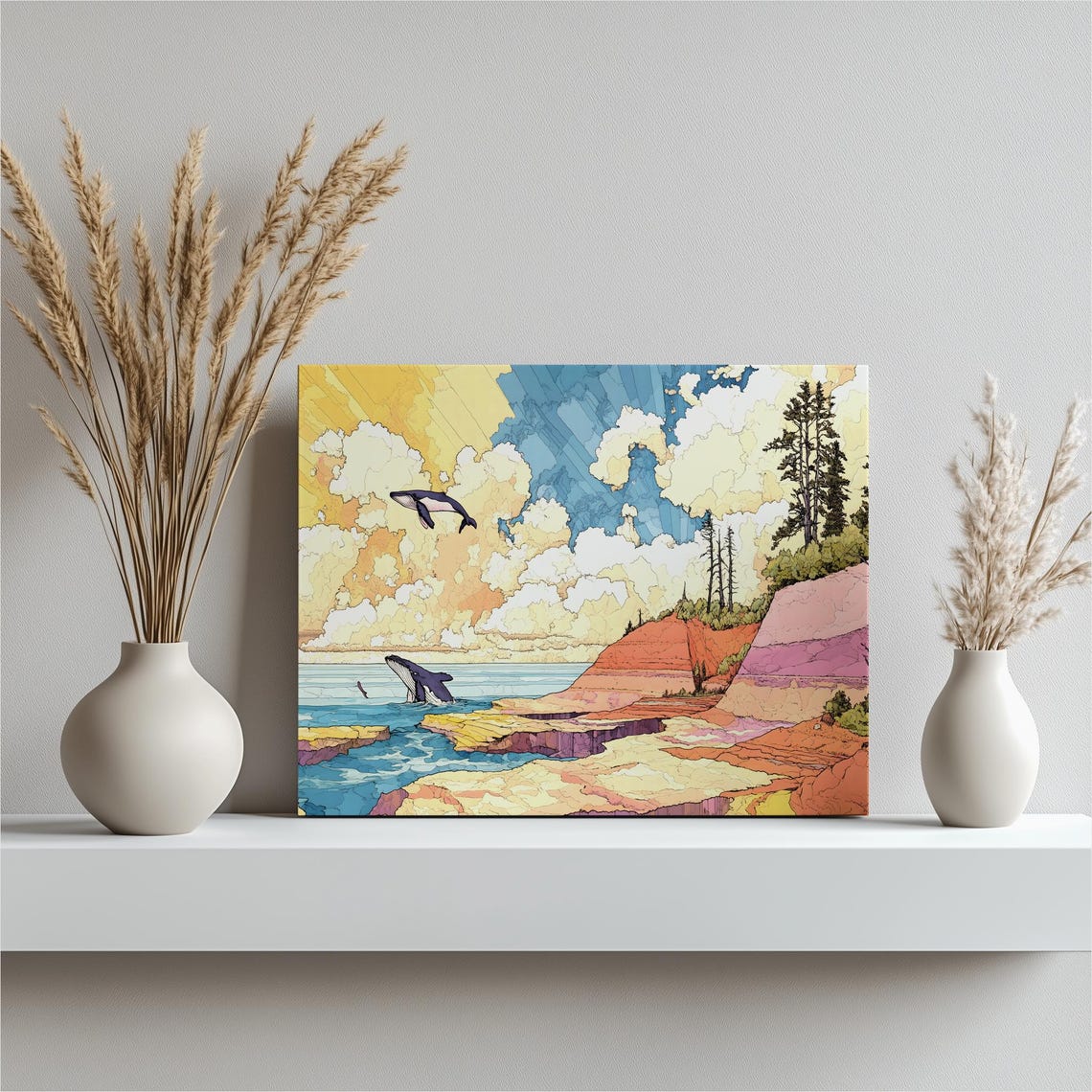 Humpback Whales Breaching Colorful Ocean Cliffs Coastal Art Poster