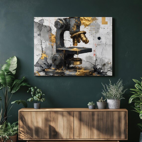 Steampunk Microscope Canvas Wall Art Vintage Science Decor Gold Leaf Print Abstract Painting Modern Laboratory Gift For Scientists