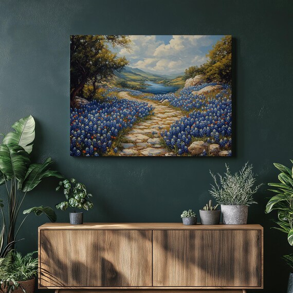 Bluebonnet Flower Path Leading Down to a Calm Lake Spring Landscape Painting Poster