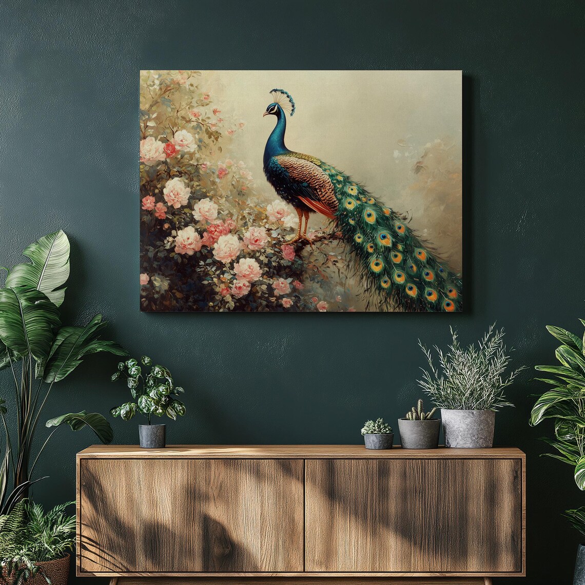 Majestic Peacock Among Pink Roses Vintage Style Floral Poster