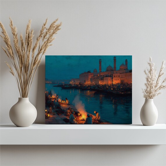 Fishermen By Lantern Light Night Harbor Painting Mosque Minarets Wall Art