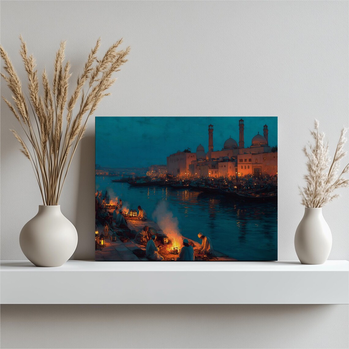 Fishermen By Lantern Light Night Harbor Painting Mosque Minarets Wall Art