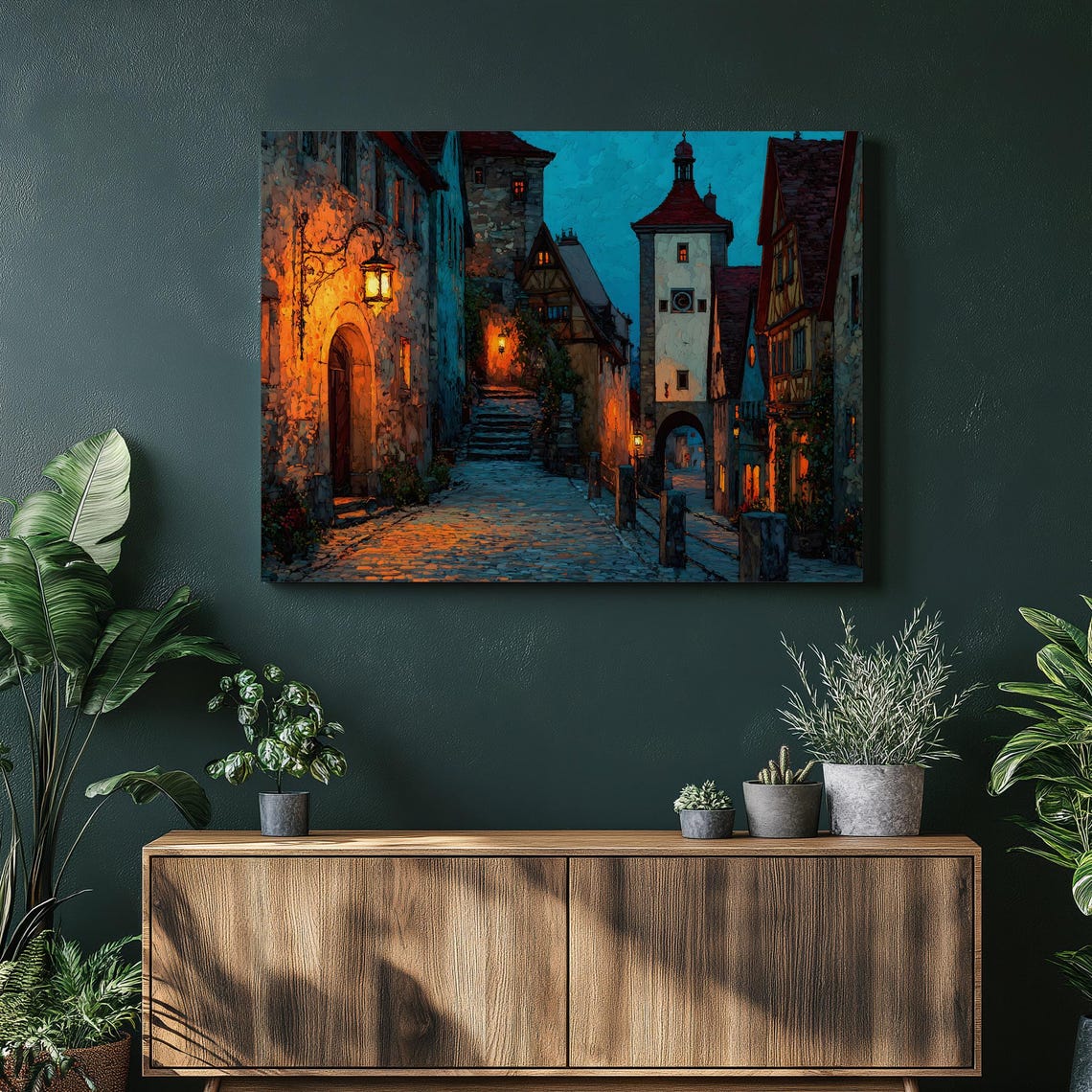 Medieval European Village Night Lantern Cobblestone Street Poster
