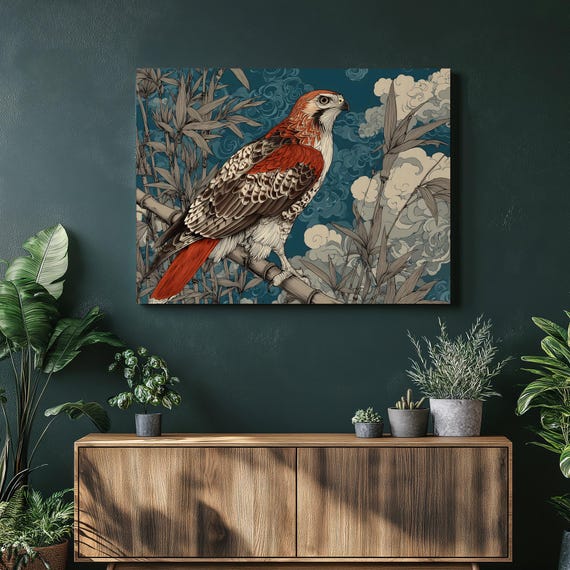 Majestic Hawk Canvas Wall Art Red Tail Bamboo Print Wildlife Decor Gift Bird Lover Nature Illustration Asian Inspired Clouds