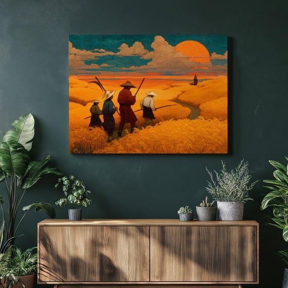 Sunset Wheat Farm Canvas Wall Art Traditional Scene Rustic Landscape Post Impressionist Countryside View Nature Print