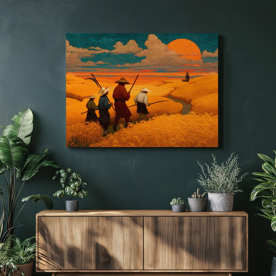Golden Wheat Harvest Sunset Farm Workers Vintage Rural Field Poster