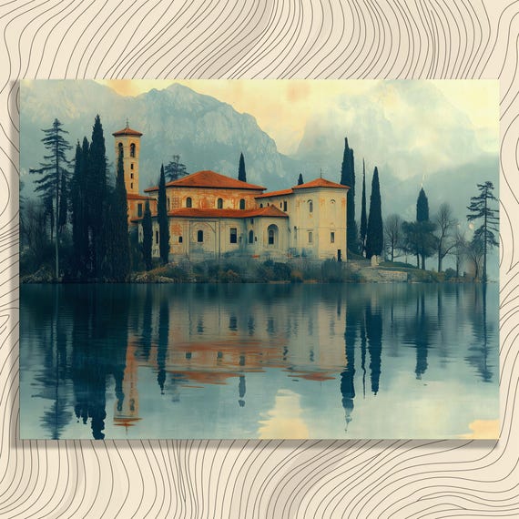 Villa Lakeside Mountain Canvas Wall Art Vintage Landscape Print Gift Tranquil Scenery Decor Nature Enthusiasts