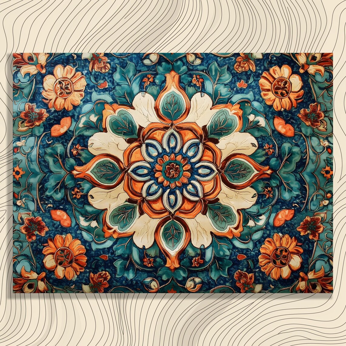 Teal Orange Floral Mandala Stained Glass Botanical Art Poster