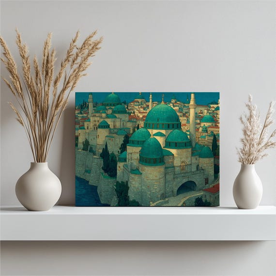 Historic Hungary Cityscape Canvas Wall Art Turquoise Domes And Minarets Stone Castle Architecture Riverside Old Town Print Travel Decor