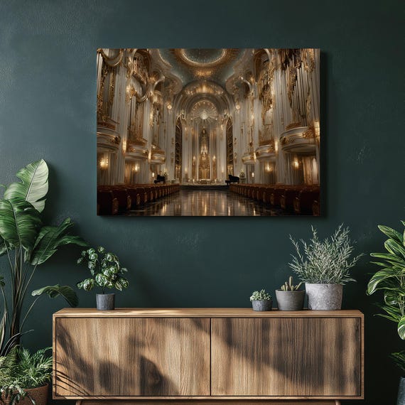 Gothic Cathedral Canvas Wall Art Gilded Organ Pipes Grand Hall Baroque Architecture Marble Flooring Crystal Chandeliers Traditional Style