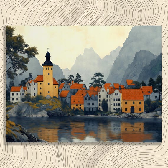 Serene Village Lake Canvas Wall Art Vintage Landscape Print Mountains Nature Reflection Poster Rustic Lakeside Scenery Decor