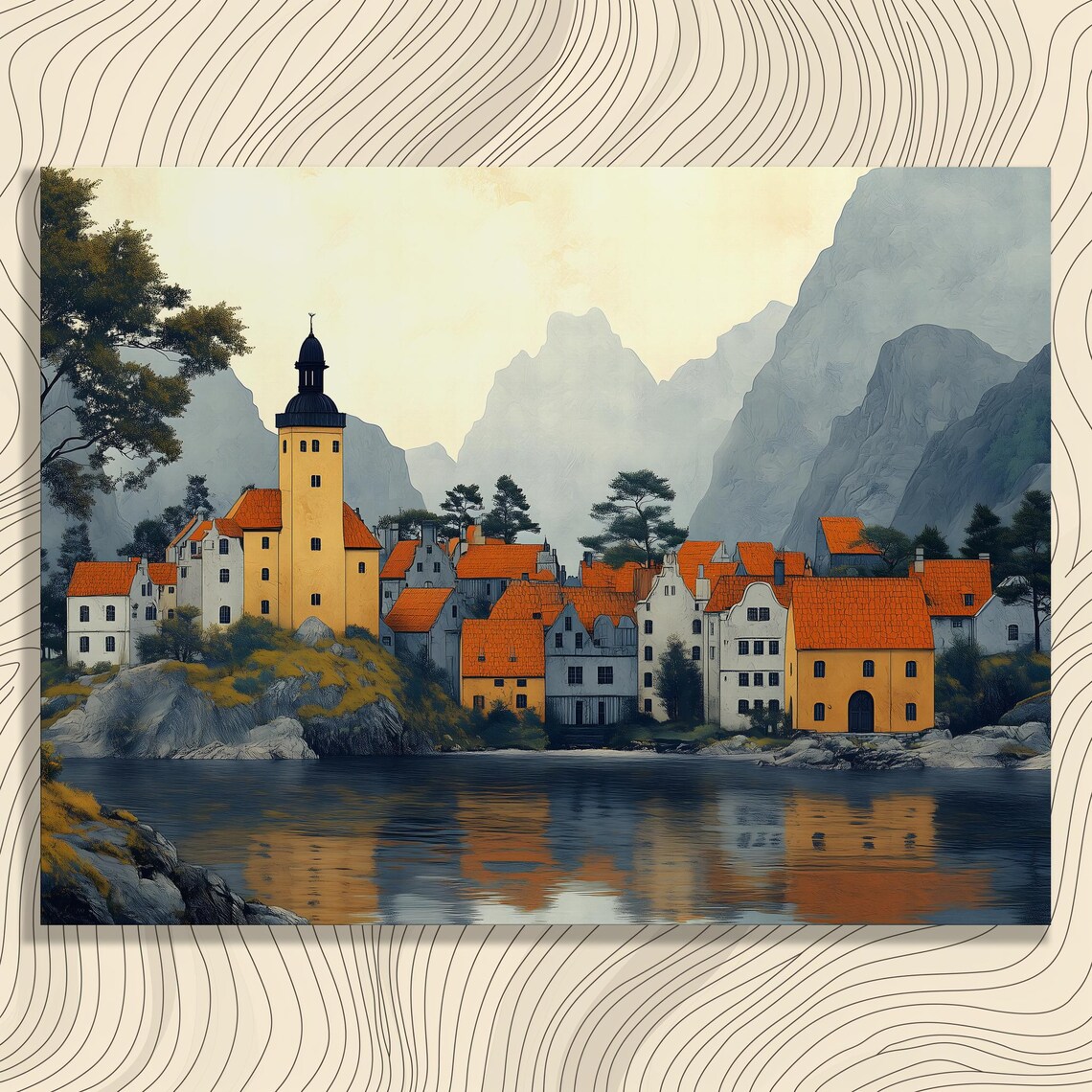 Serene Lakeside Village Orange Roofs Church Vintage Art Poster