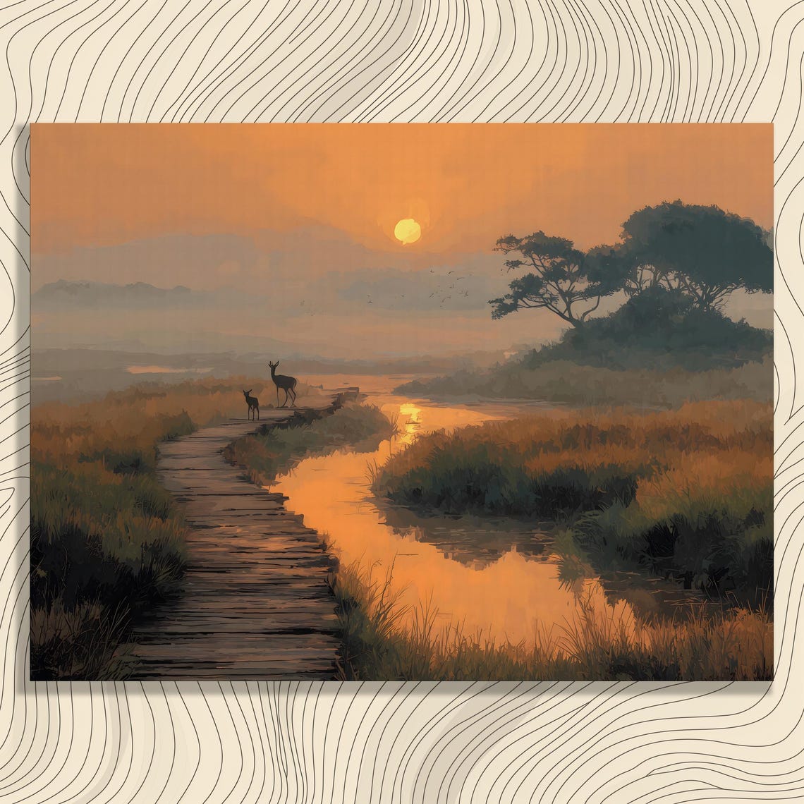 Sunrise Marsh Deer Boardwalk Wetland Golden Morning Canvas Wall Art
