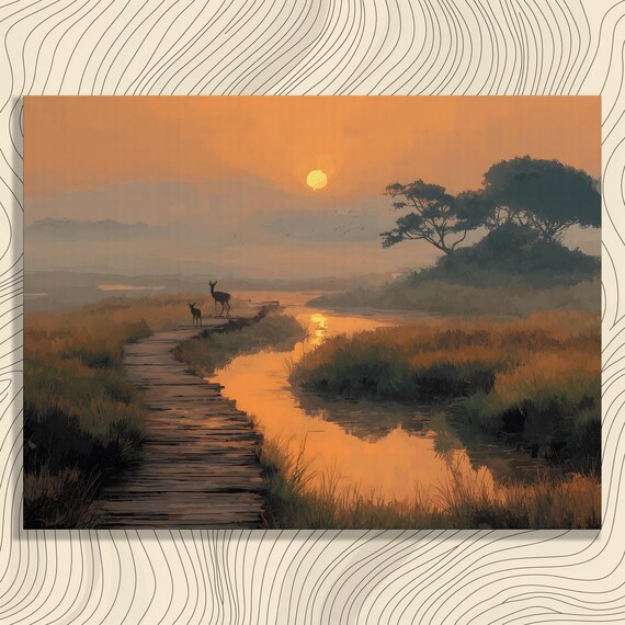 Sunrise Marsh Deer Canvas Wall Art Misty Wetland Boardwalk Landscape With River Reflections Nature Decor Golden Hour Wildlife Print
