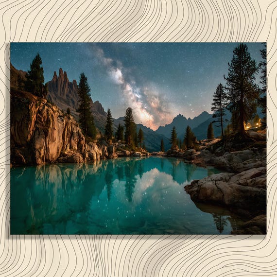 Milky Way Lake Canvas Wall Art Ethereal Mountain Night Sky Reflection Print Rustic Nature Landscape Photography Decor Cabin Retreat