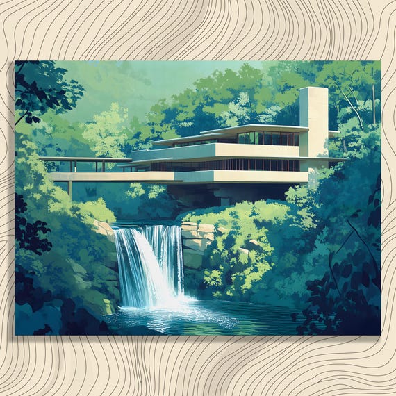 Modern Forest Waterfall Canvas Wall Art Realistic Landscape Print Contemporary Nature Decor Green House Architecture Scene