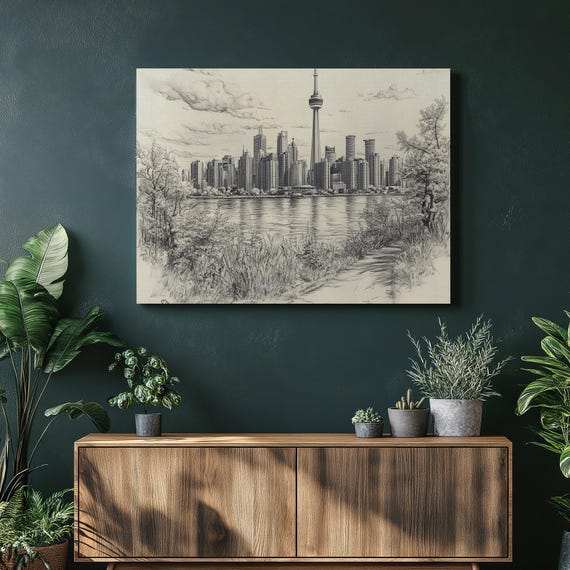 Black And White Toronto Skyline Canvas Wall Art Architectural Pencil Sketch Illustration With Water Reflection Nature Decor For Home