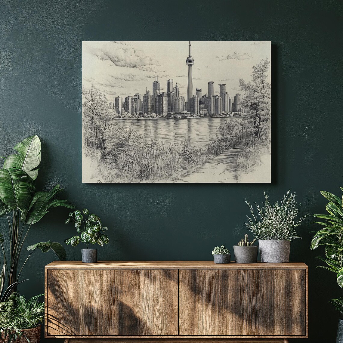 Black And White Toronto Skyline Canvas Wall Art Architectural Pencil Sketch Illustration With Water Reflection Nature Decor For Home