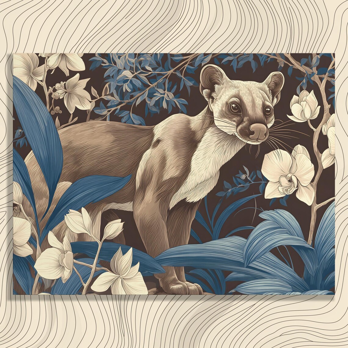 Enchanted Jungle Marten Canvas Wall Art Animal Print Botanical Wildlife Decor Blue Orchid Floral