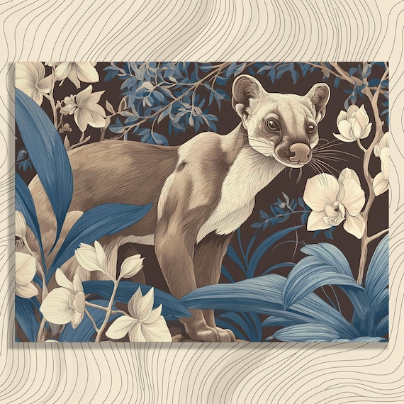 Forest Marten Among Blue Orchids Vintage Botanical Art Poster