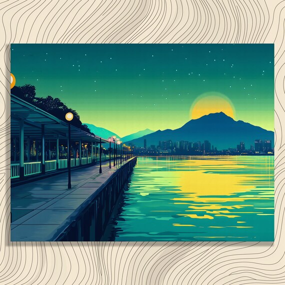 Serene Waterfront Cityscape Canvas Wall Art Sunset Painting Starry Night Skyline Decor Mountains Sky Print Modern Landscape