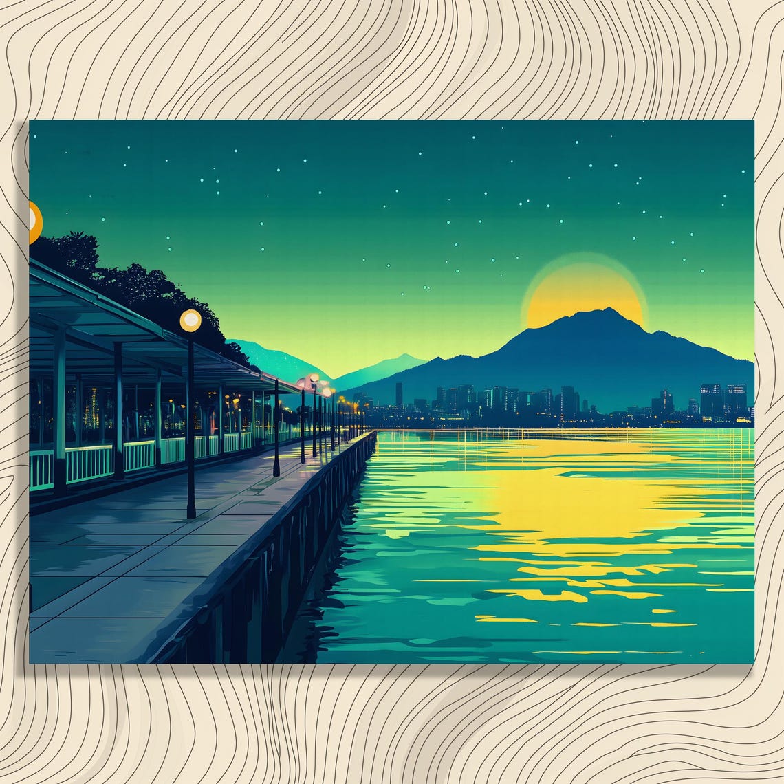 Waterfront Pier Sunset Starry Night City Skyline Mountain Teal Poster