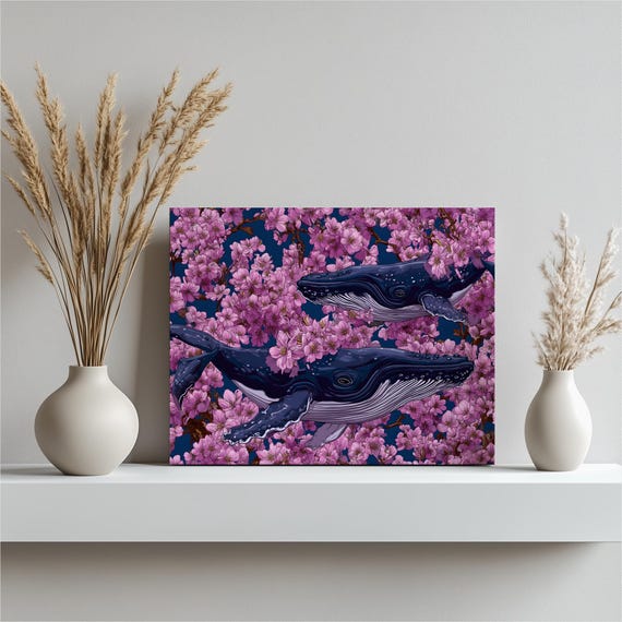 Humpback Whales Canvas Wall Art Cherry Blossom Pink Navy Modern Ocean Nature Print Contemporary Floral Botanical Spring Surreal Gift