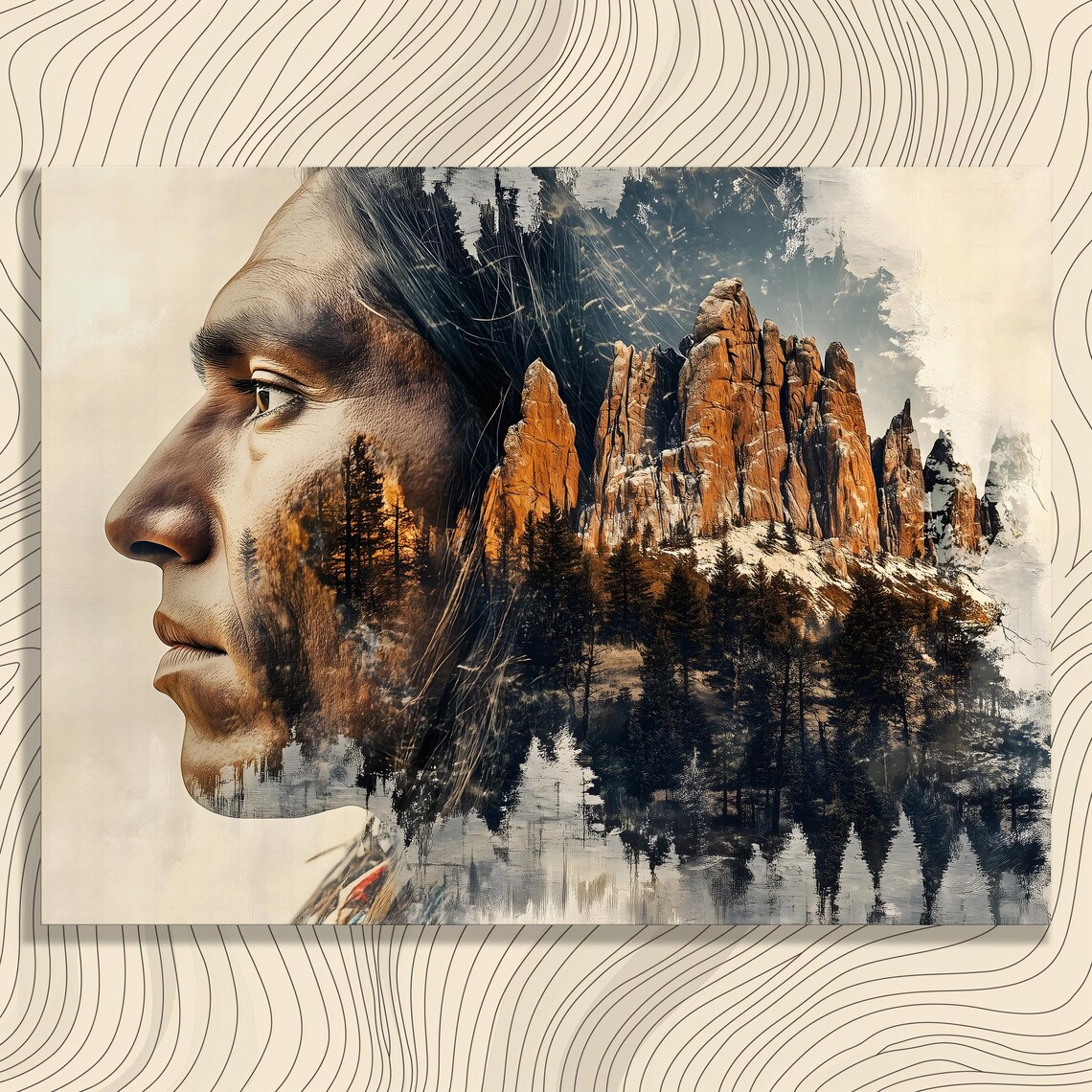 Man Portrait Double Exposure Mountain Landscape Surreal Poster