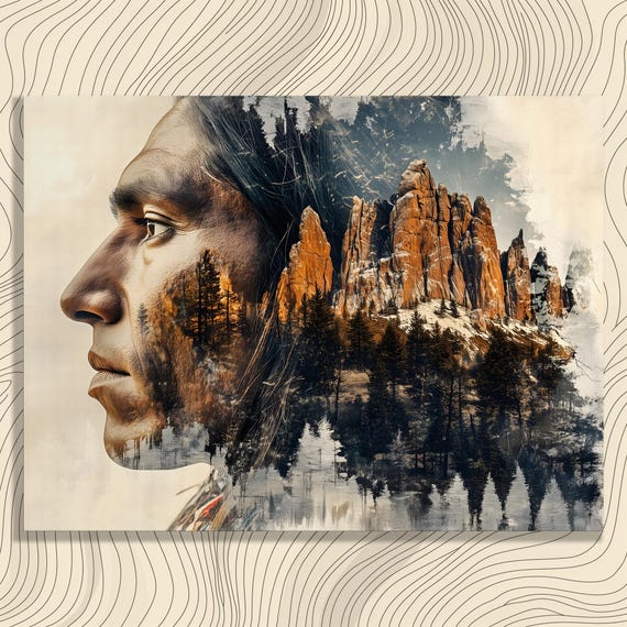 Canvas Wall Art Mountain Portrait Modern Surreal Bohemian Eclectic Double Exposure Landscape Print For Nature Lovers And Enthusiasts