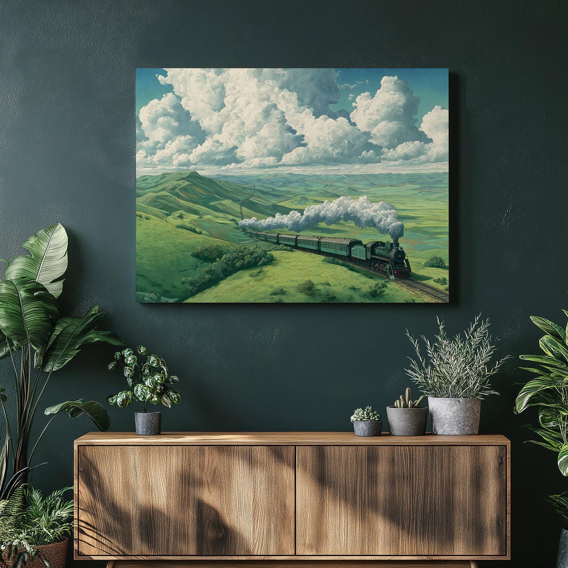 Steam Locomotive Green Rolling Hills Dramatic Clouds Train Art Print