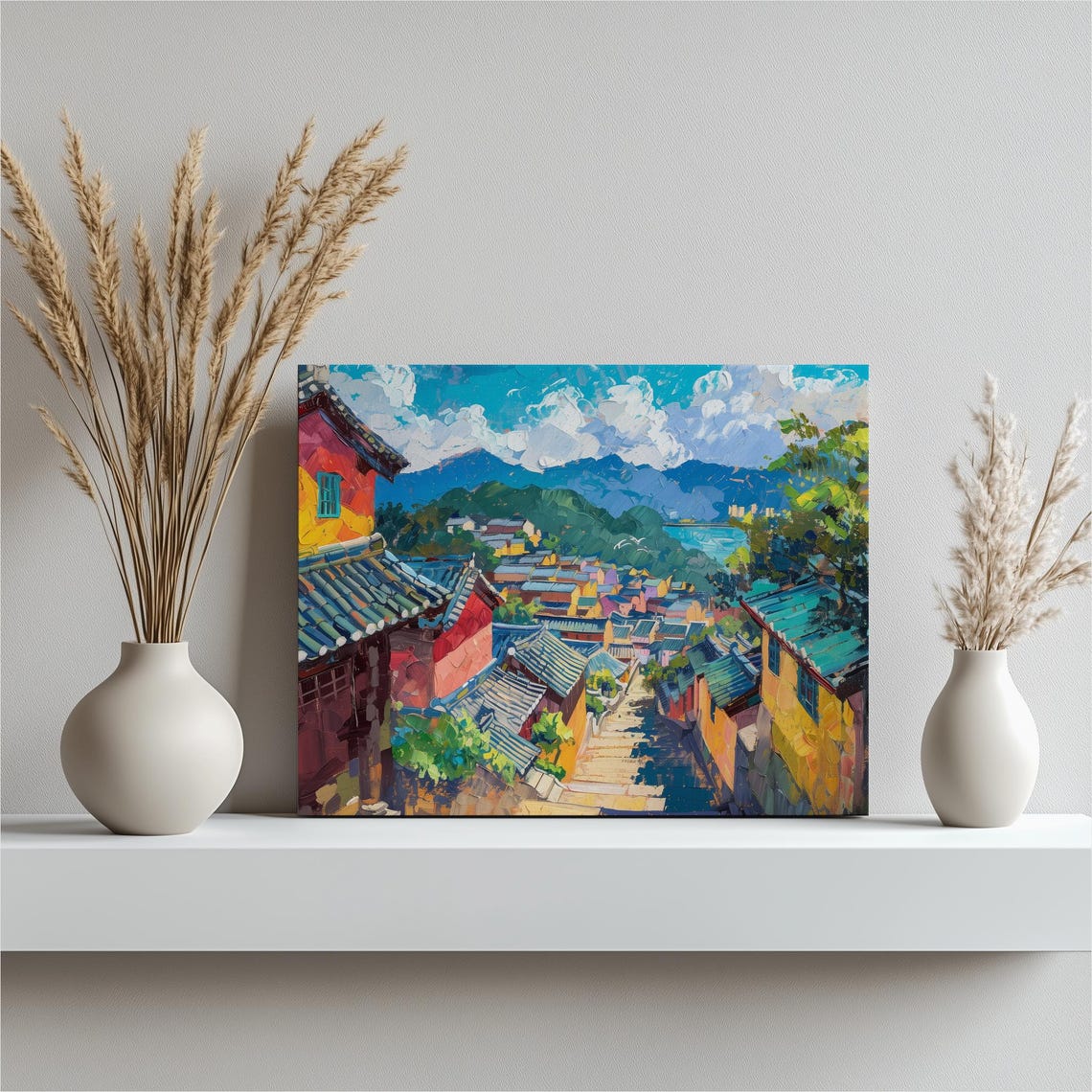 Seoul Cityscape Colorful Rooftops Mountain View Vibrant Art Poster