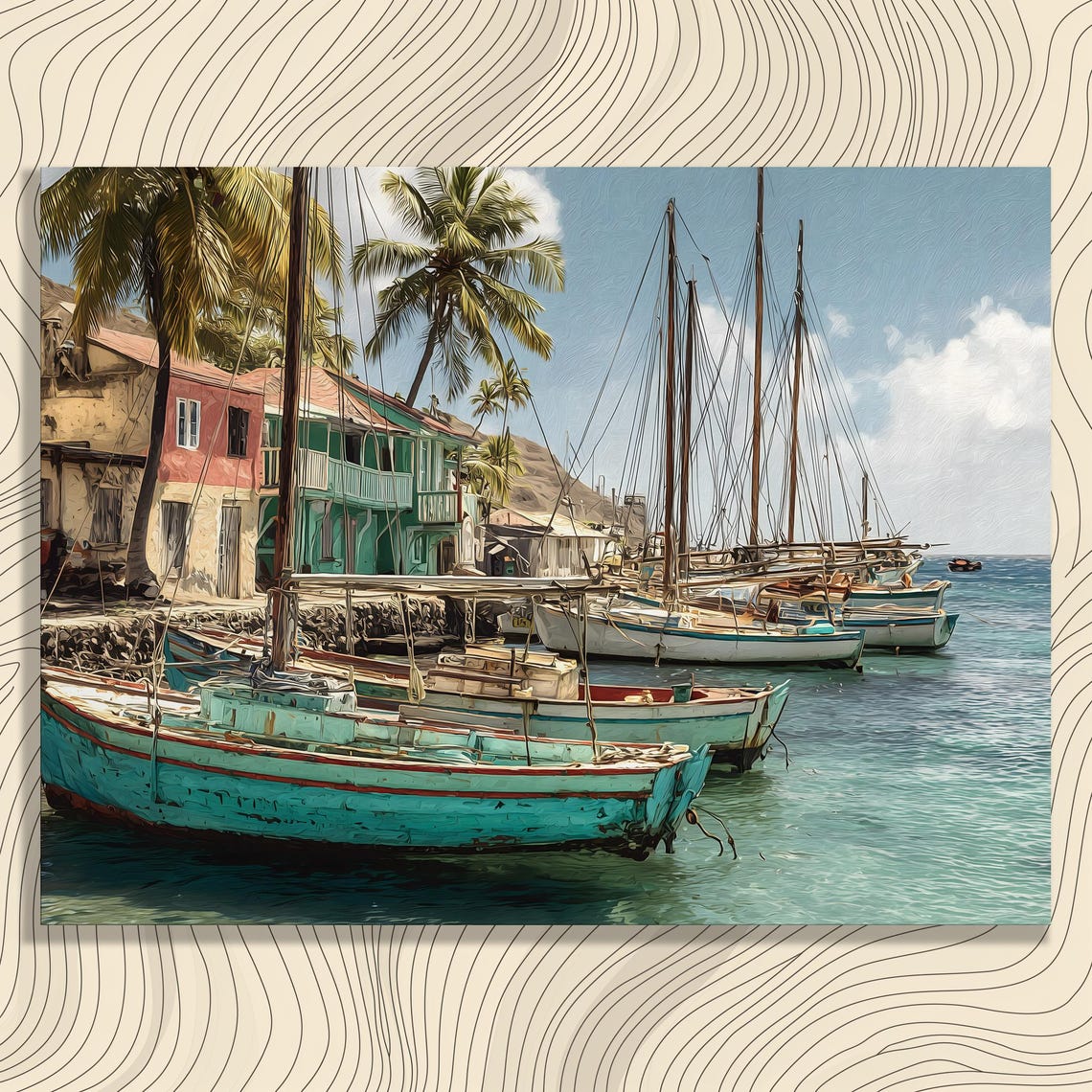 Caribbean Fishing Boats Harbor Palms Colorful Waterfront Wall Art