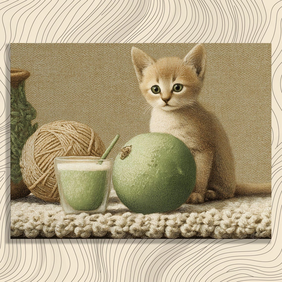 Tan Kitten With Yarn Ball Lime And Drink Cozy Still Life Print