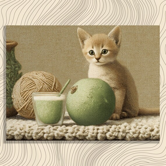 Tan Kitten With Yarn Ball Lime And Drink Cozy Still Life Print