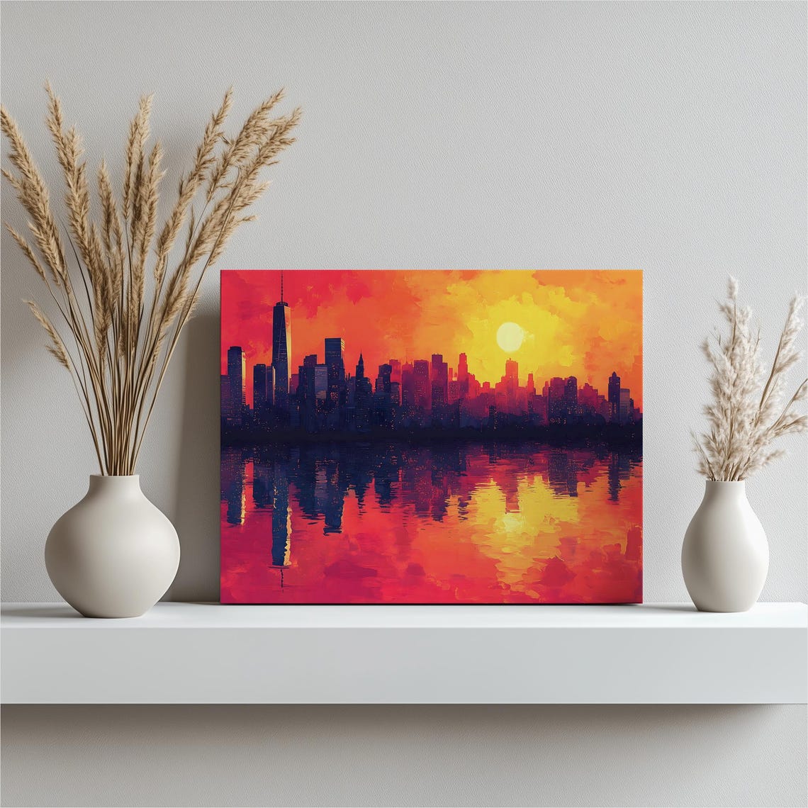 Vibrant Sunset City Skyline Reflection Canvas Wall Art Colorful Urban Panorama For Home Decor