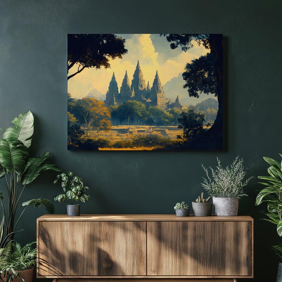 Prambanan Temple Canvas Wall Art Golden Sunrise Indonesian Landscape Painting Ancient Stone Architecture In Lush Jungle Decor