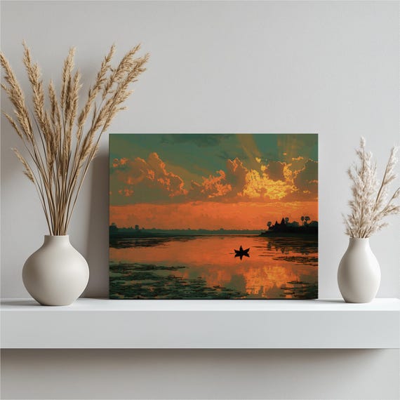 Sunset Boat Lake Canvas Wall Art Colorful Lakeside Reflection Serene Landscape Print Clouds Temple Ruins Silhouette Impressionist Decor