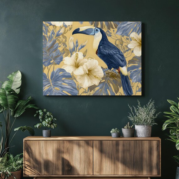 Tropical Toucan Canvas Wall Art Vibrant Exotic Bird With Hibiscus Blooms And Monstera Leaves Botanical Style Yellow Coastal Decor