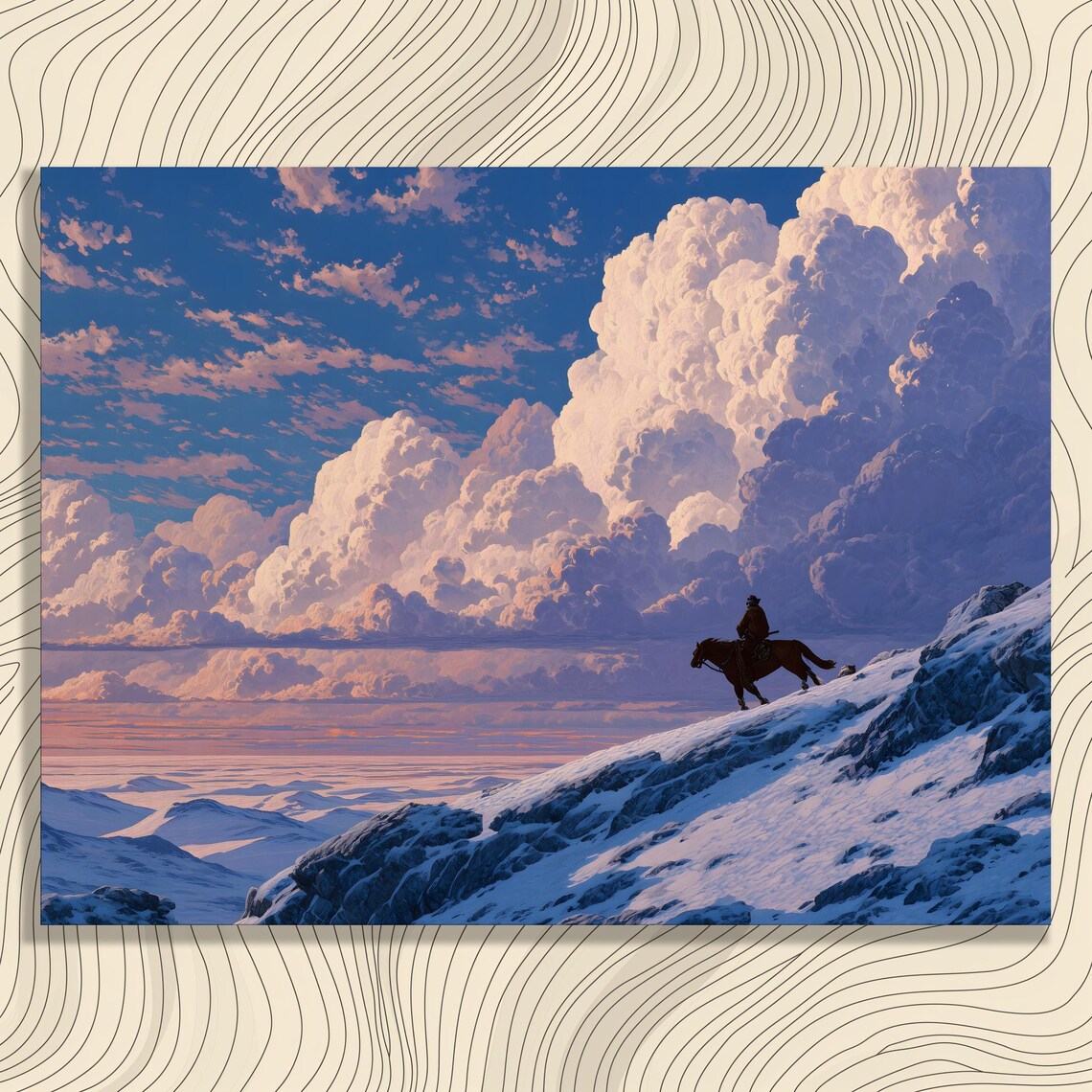 Western Cowboy Horseback Snowy Mountain Sunset Landscape Poster