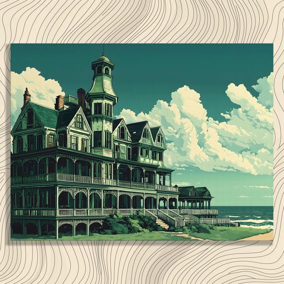 Victorian Seaside Mansion Canvas Wall Art Dramatic Ocean View Classic Architecture Landscape Print With Green And Blue Color Palette