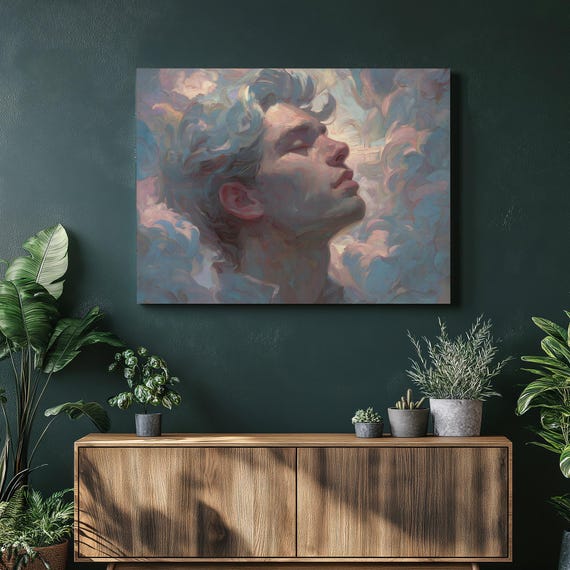 Dreamy Profile Portrait Canvas Wall Art Soft Pastel Clouds Cloudscape Print Modern Impressionist Sky Decor Gift For Men And Dreamers
