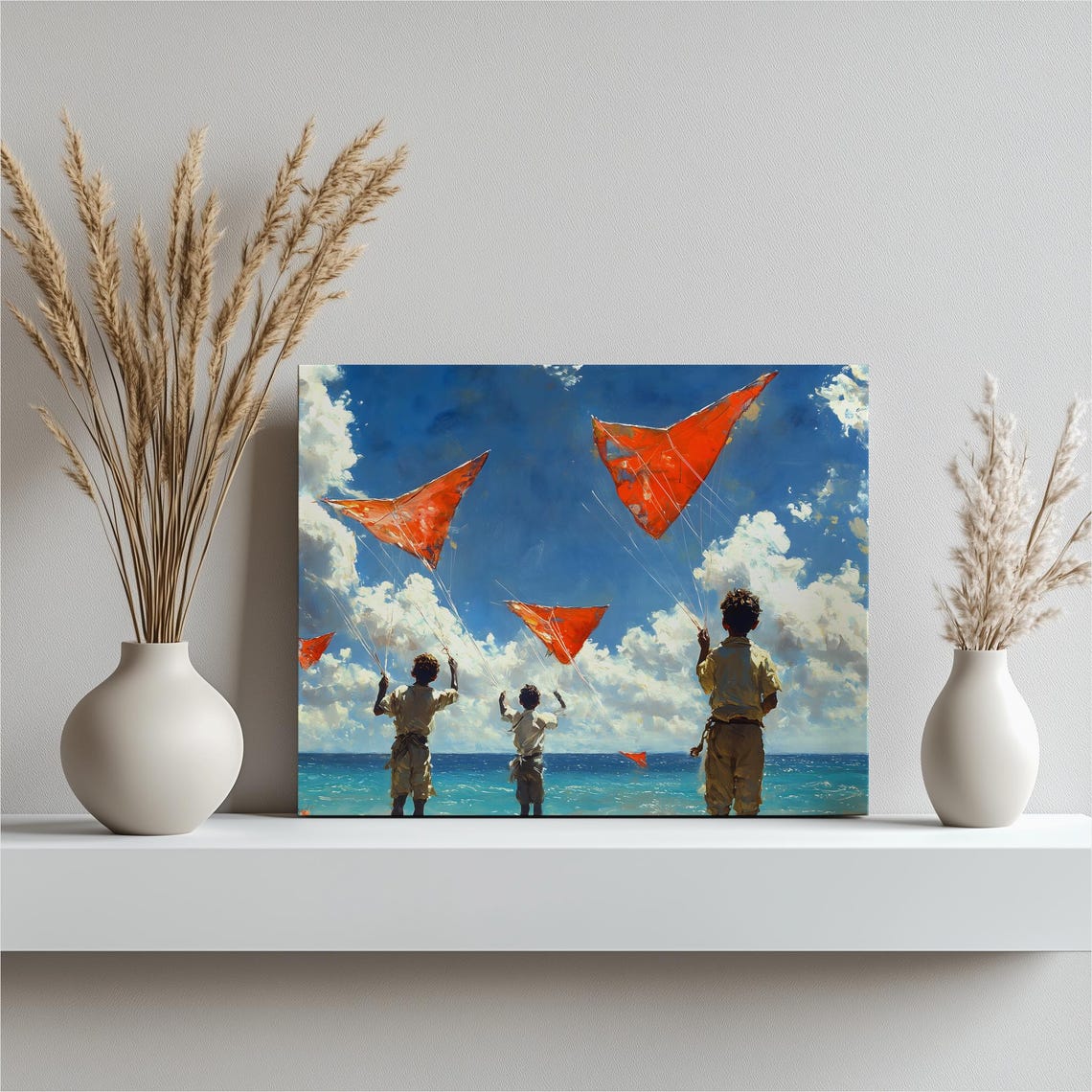 Three Children Flying Red Kites Sunny Beach Day Joyful Poster